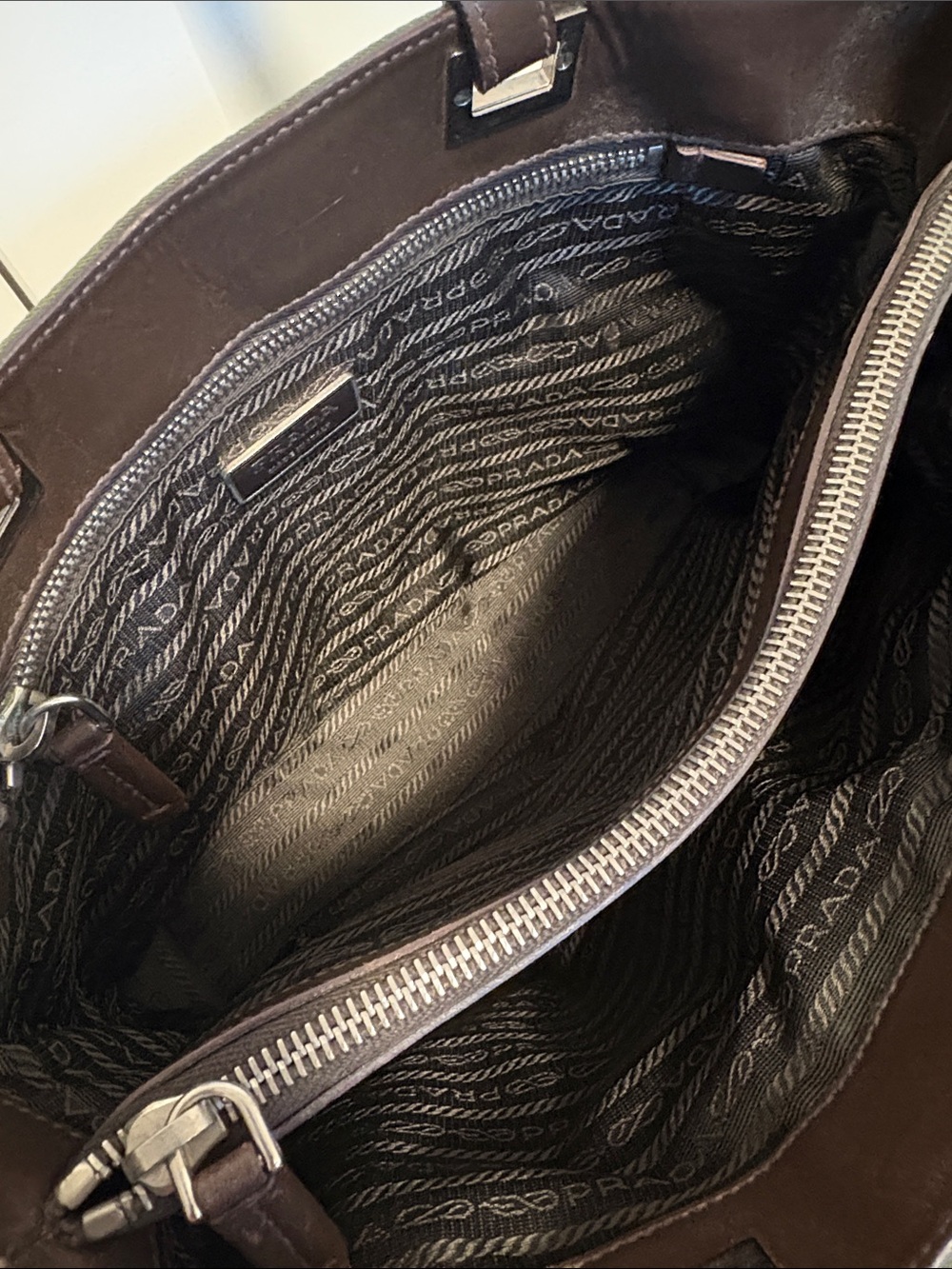 [Prada] Olive Green Nylon Shoulder Bag Handbag Purse Small Tote w/ Brown Leather - Picture 13 of 16